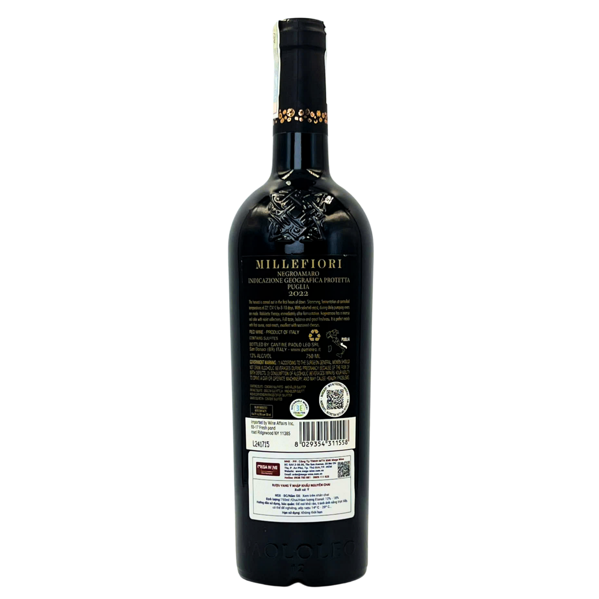 Rượu vang đỏ Millefiori Negroamaro I.G.P, Nồng Độ: 13%, Dung Tích: 750ml